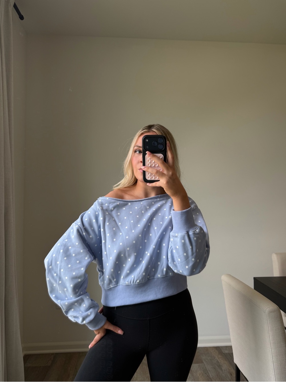 Light Blue Polka Dot Off-the-Shoulder Sweater